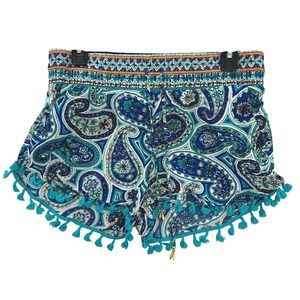Trina Turk Paisley Tassel Cover Up Shorts Blue‎ Tie Waist Size L Resort Beach